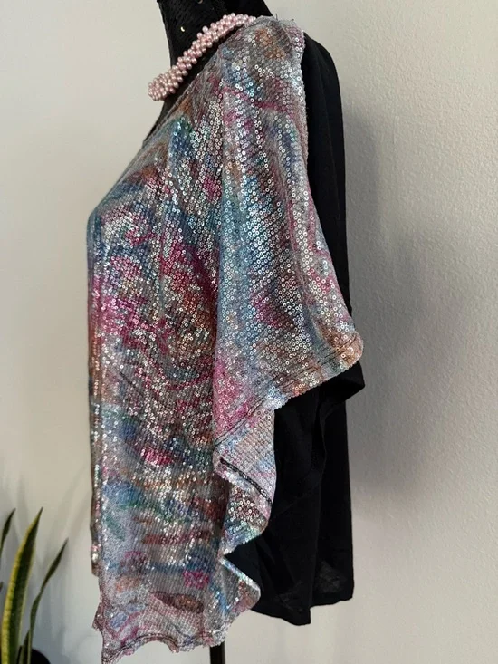Bongo Vintage Y2K Multicolor Sequin Mesh Pullover Dolman Sleeve Top Size 2X - Picture 3 of 6